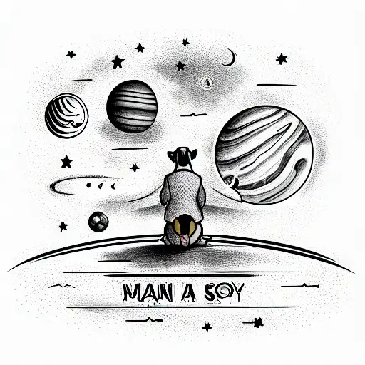 a man with a dog look at the parade of planets in the sky tattoo design idea
