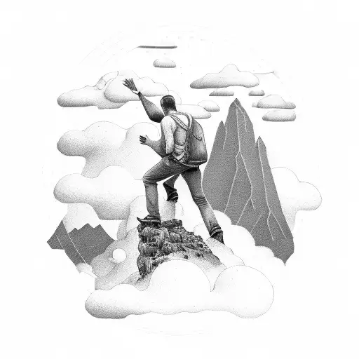 man on his knees and head down, in the middle of the clouds and mountains tattoo design idea