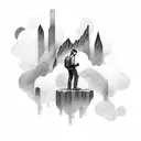 man on his knees and head down, in the middle of the clouds and mountains tattoo design idea