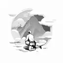 man on his knees and head down, in the middle of the clouds and mountains tattoo design idea