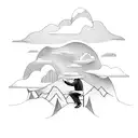 man on his knees and head down, in the middle of the clouds and mountains tattoo design idea