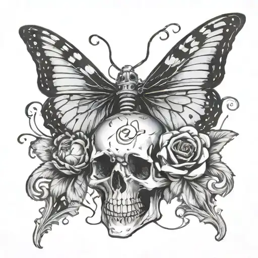 a butterfly and in histoire wings a skull face that aopears to be in Space  tattoo design idea