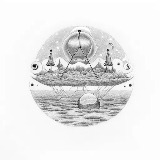 A celestial orchestra performing on a floating island in the cosmos tattoo design idea