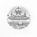 A celestial orchestra performing on a floating island in the cosmos tattoo design idea