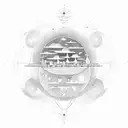 A celestial orchestra performing on a floating island in the cosmos tattoo design idea