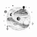 A celestial orchestra performing on a floating island in the cosmos tattoo design idea