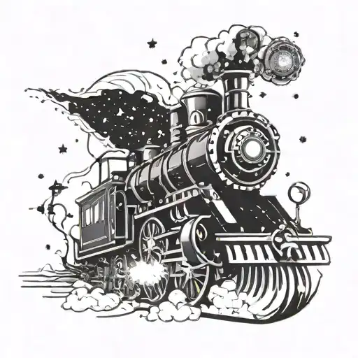 A futuristic steam-powered train traveling through a galaxy filled with stars and planets tattoo design idea