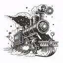 A futuristic steam-powered train traveling through a galaxy filled with stars and planets tattoo design idea