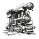 A futuristic steam-powered train traveling through a galaxy filled with stars and planets tattoo design idea