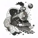 A futuristic steam-powered train traveling through a galaxy filled with stars and planets tattoo design idea