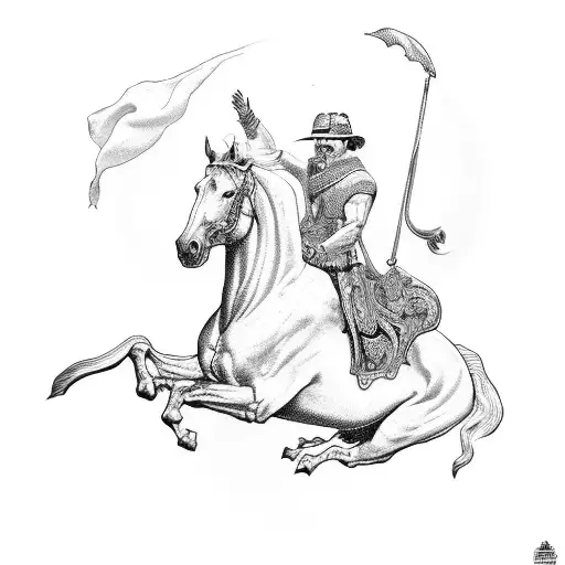 Nietzsche riding a horse in a mythological landscape tattoo design idea