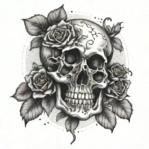 gemini zodiac sign half skull wearing and roses  tattoo design idea