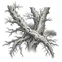 dead tree and live tree intertwined tattoo design idea