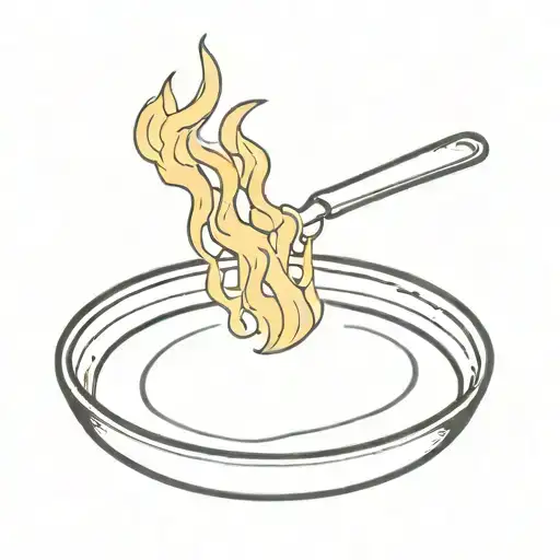 pool fry pan with fire with "histou" writing underneath tattoo design idea