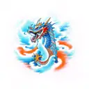 full sleeve plus chest dragon with the head starting on the hand, orange and blue cloud filler, samurai on the tricep tattoo design idea