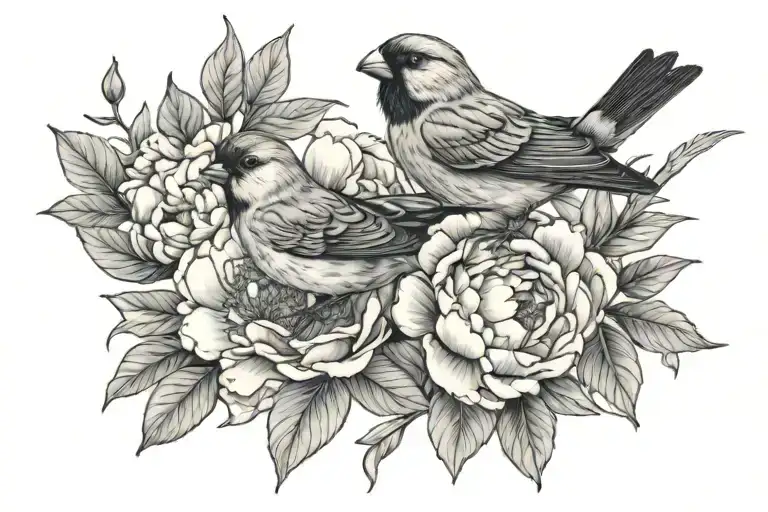 peonies and finches tattoo design idea