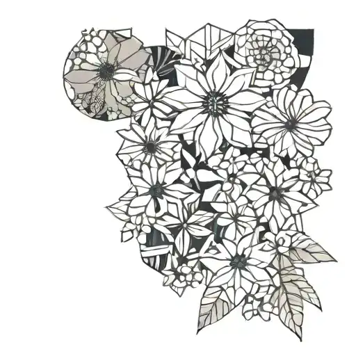 Create a collage of various African flowers intertwined with abstract shapes inspired by contemporary art tattoo design idea