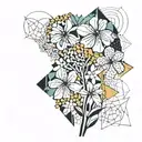 Create a collage of various African flowers intertwined with abstract shapes inspired by contemporary art tattoo design idea