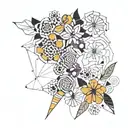 Create a collage of various African flowers intertwined with abstract shapes inspired by contemporary art tattoo design idea