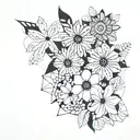 Create a collage of various African flowers intertwined with abstract shapes inspired by contemporary art tattoo design idea