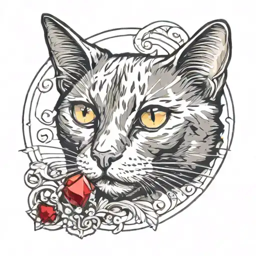 black cat with white chest patch and a ruby diamond tattoo design idea