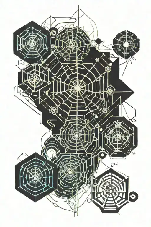 Create seamless transition between spiderweb tatto and a  new tattoo in cyber sigilism style tattoo design idea