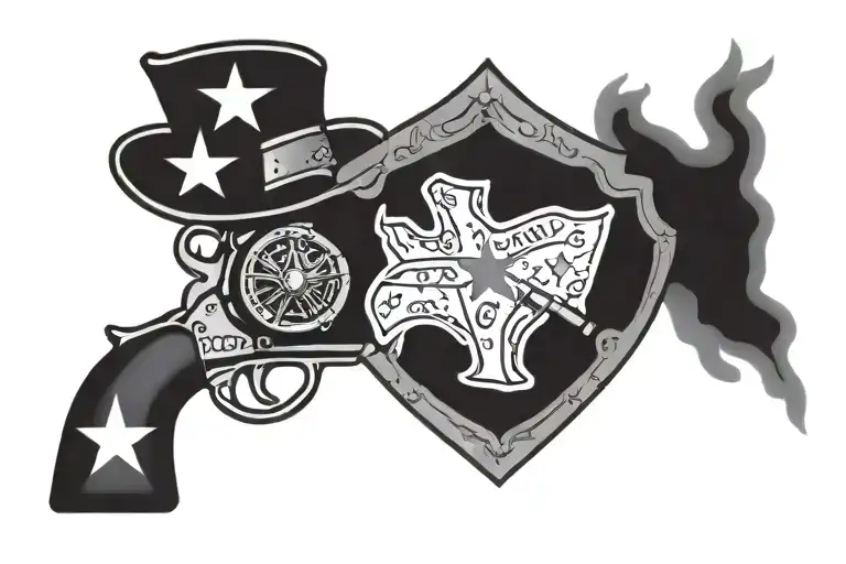 confederate flag with cowboy pistols crossing and smoking barrels  tattoo design idea