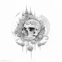 crânio aberto com uma mulher dentro do crânio segurando uma arma  tattoo design idea