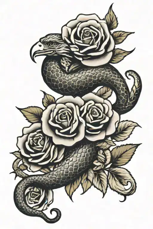 Snake wrapping around a rose and eagle  tattoo design idea