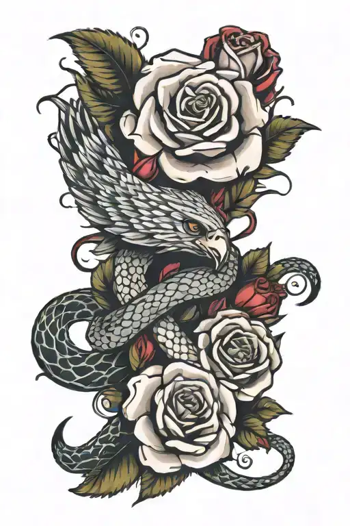 Snake wrapping around a rose and eagle  tattoo design idea