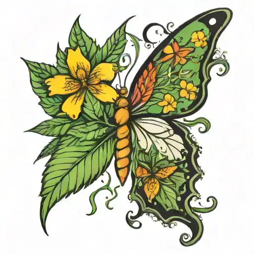 half butterfly half flowers with marijuana leafs  tattoo design idea