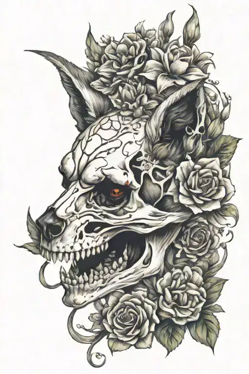 fox skull, flowers, snake, gore tattoo design idea