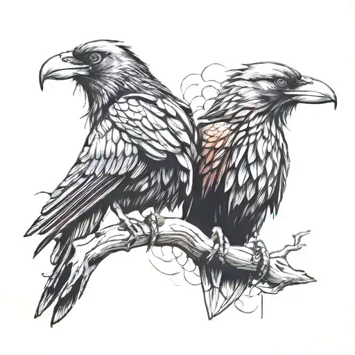 1 crow on left side and 1 on right side, both from dark, whitch word, with vikings teme tattoo design idea