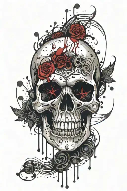 A skull adorned with metal music symbols and blood splatter tattoo design idea
