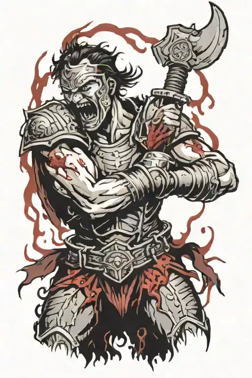 A haunting scene of a warrior covered in blood and surrounded by screams of battle, with a dark and eerie atmosphere tattoo design idea
