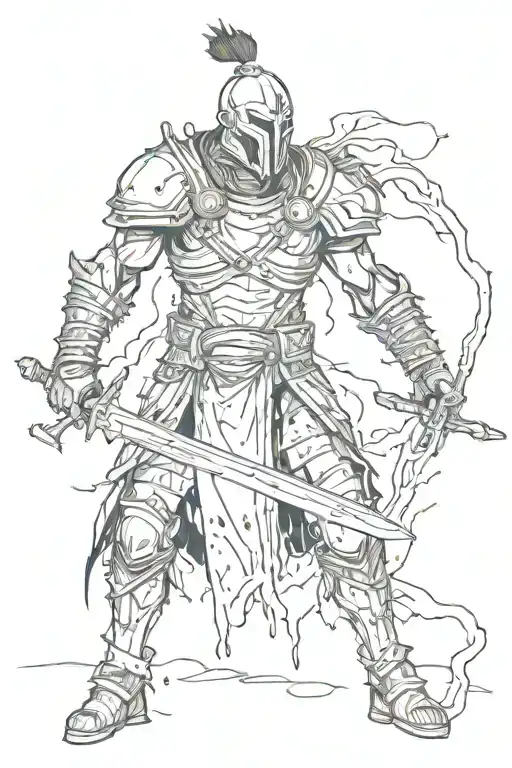 A haunting scene of a warrior covered in blood and surrounded by screams of battle, with a dark and eerie atmosphere tattoo design idea