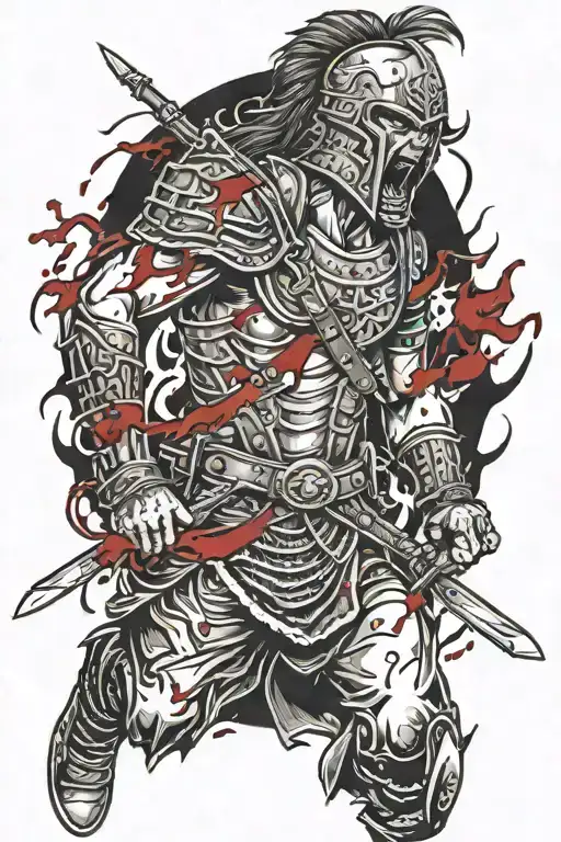 A haunting scene of a warrior covered in blood and surrounded by screams of battle, with a dark and eerie atmosphere tattoo design idea