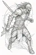 A haunting scene of a warrior covered in blood and surrounded by screams of battle, with a dark and eerie atmosphere tattoo design idea