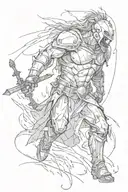 A haunting scene of a warrior covered in blood and surrounded by screams of battle, with a dark and eerie atmosphere tattoo design idea