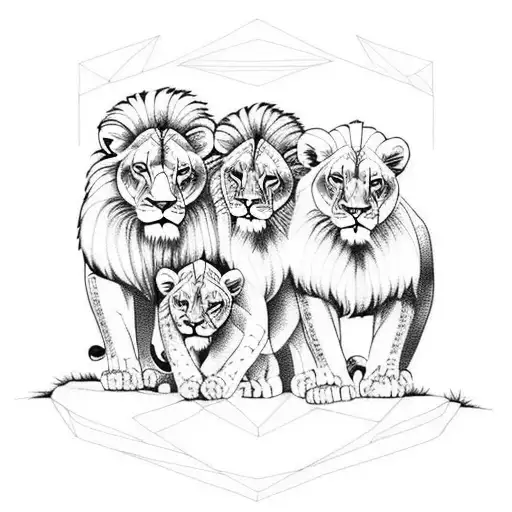 lion and lioness with their 3 cubs tattoo design idea