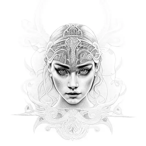 A beautiful woman with intricate dotwork tattoos inspired by Greek mythology, with subtle Star Wars references hidden within the design tattoo design idea