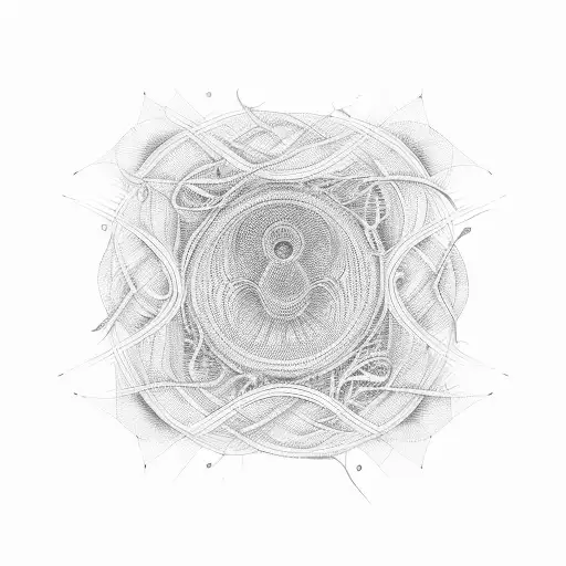 An abstract representation of sound waves intertwining with plant vines and waffle patterns tattoo design idea