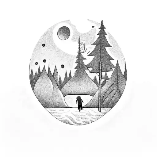 create a tattoo of: a man standing by a lake at night wearing only a blanket and holding a baby, staring up at a UFO tha tattoo design idea