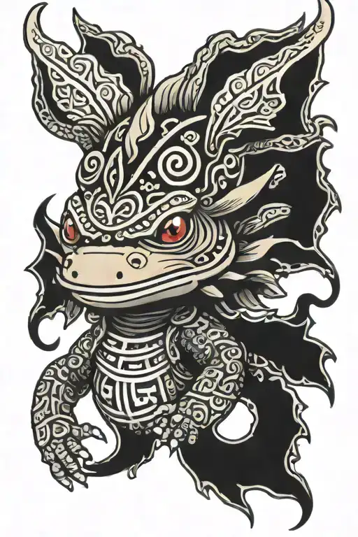 axolotl wearing aztec head gear tattoo design idea