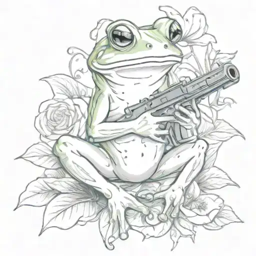 frog holding a gun with a tattoo of the american flag in its shoulder whie sitting on a lilli pad with a few flowers tattoo design idea