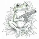 frog holding a gun with a tattoo of the american flag in its shoulder whie sitting on a lilli pad with a few flowers tattoo design idea