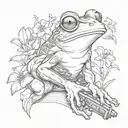 frog holding a gun with a tattoo of the american flag in its shoulder whie sitting on a lilli pad with a few flowers tattoo design idea