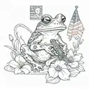 frog holding a gun with a tattoo of the american flag in its shoulder whie sitting on a lilli pad with a few flowers tattoo design idea