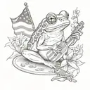 frog holding a gun with a tattoo of the american flag in its shoulder whie sitting on a lilli pad with a few flowers tattoo design idea