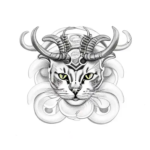 cat skull with ram horns  tattoo design idea
